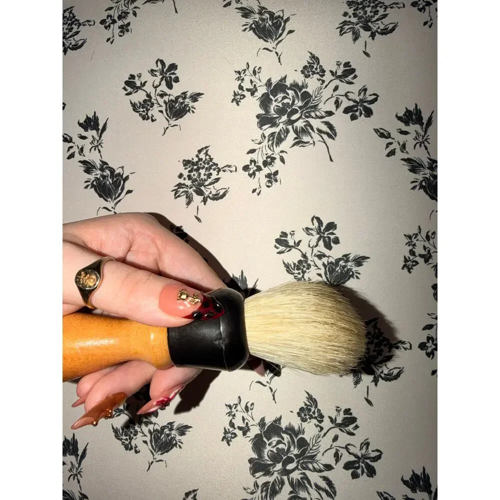 Vintage Barber's Saloon Shaving Mug & Brush Set Ceramic Gold Rim Wood Handle